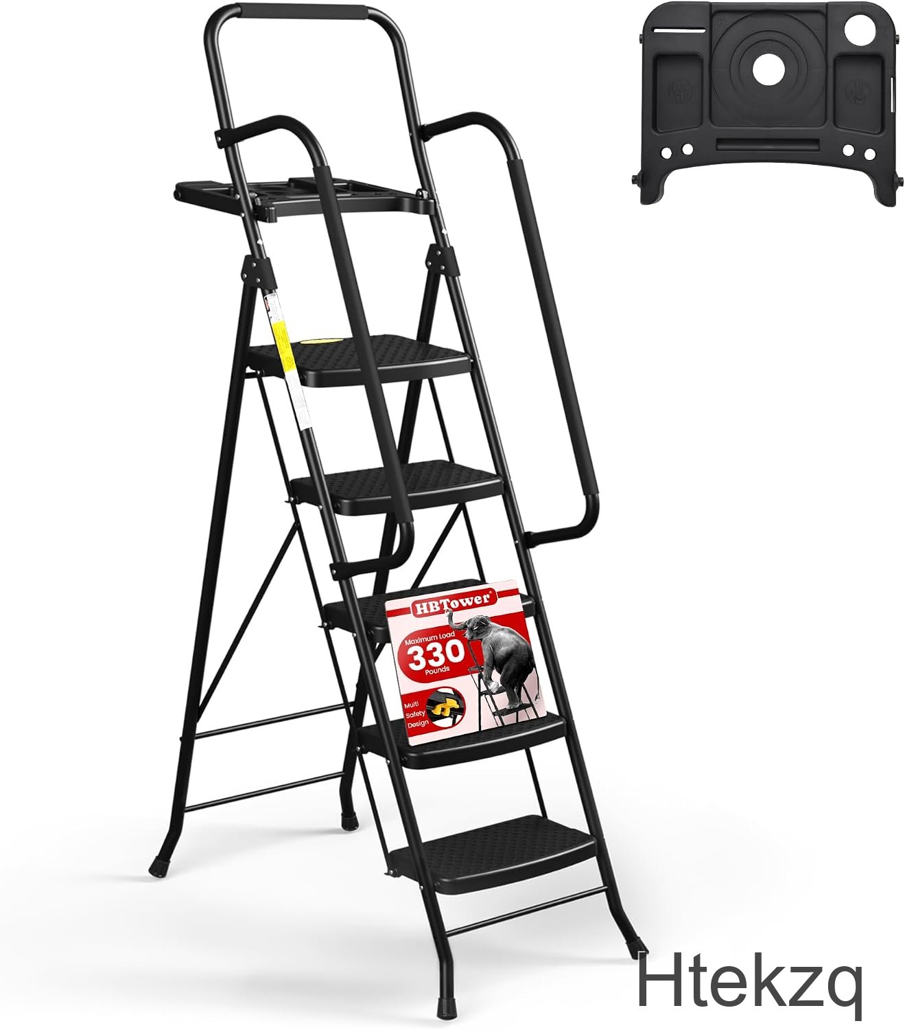 Htekzq 5 Step Ladder, Folding Step Stool with Wide Anti-Slip Pedal, Tool Tray & Handrails, 330lbs Capacity for Home and Kitchen, Black